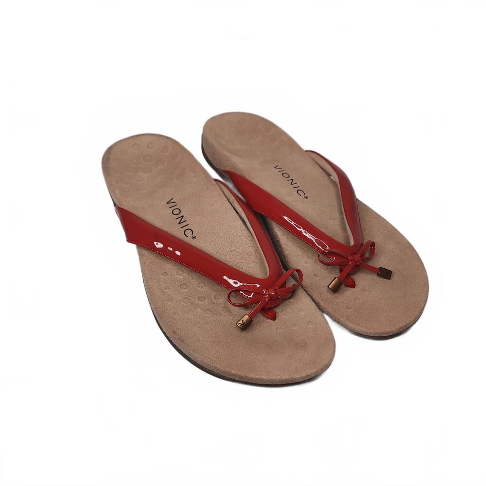 Vionic‎ Bella Red Patent Toe-Post Sandals with Bow Detail Size 12